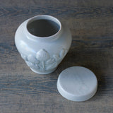 ●24-TS 19 Tomoko Sakai - White Porcelain Lidded Container with Lotus Flower Motif (Large)
