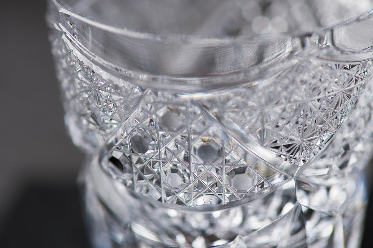 Edo kiriko Pair Sake Shot Glasses Black kaleidoscope pattern and Old classic pattern