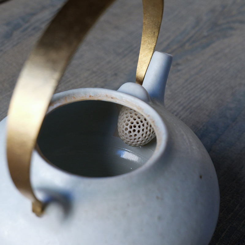 ●24-TS 38 Tomoko Sakai - White Glaze Tea Pot with Brass Handle