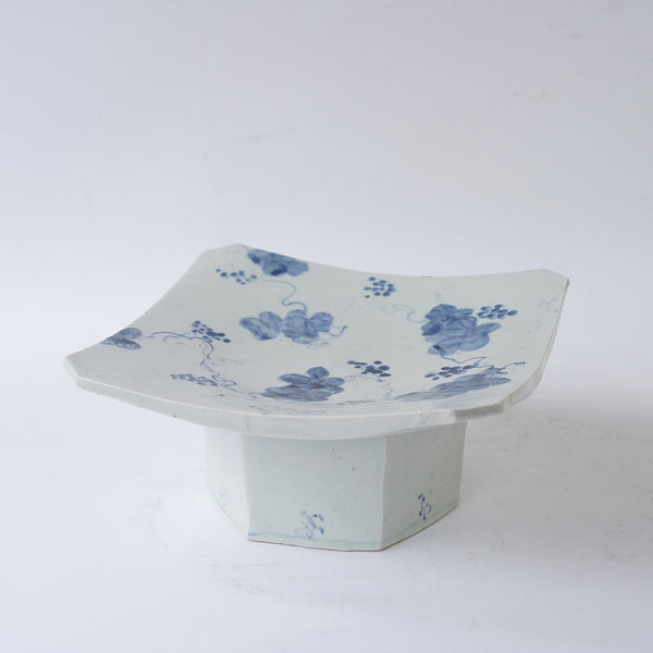 23-5 Shingo Oka Underglaze Blue Wild Grape Pattern Square Comport Plate with Angled Corners