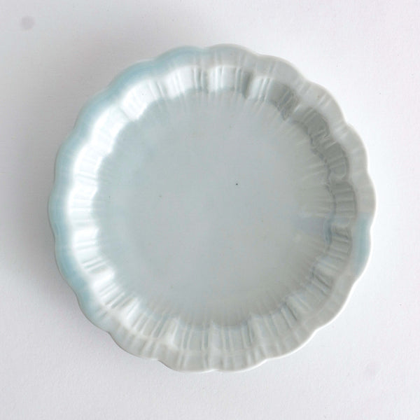Small platter in the shape of a chrysanthemum pale blue glaze