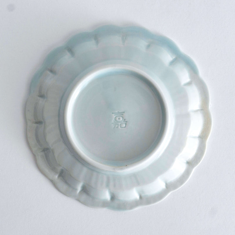 Small platter in the shape of a chrysanthemum pale blue glaze